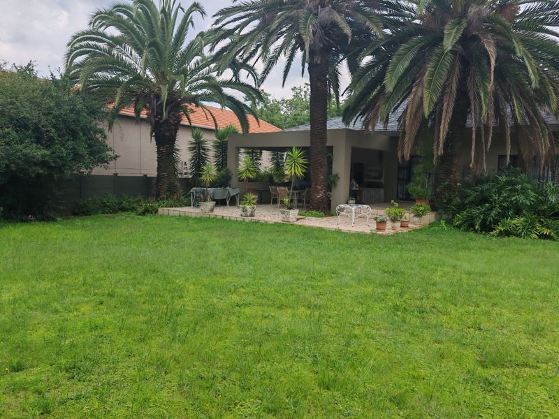 A spacious rear garden featuring a covered patio area, paved terrace, and mature palm trees, providing a pleasant outdoor living space.