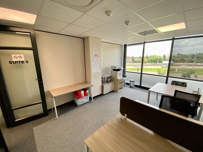 A bright, functional office suite featuring large windows with natural light, carpeted flooring, and a suspended ceiling with integrated lighting.