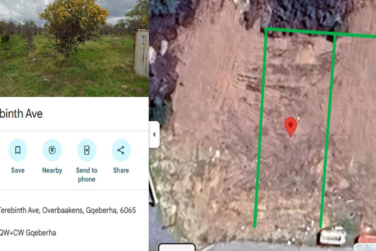 A composite image showing a vacant residential plot with surrounding vegetation and an aerial map view indicating the property boundaries.