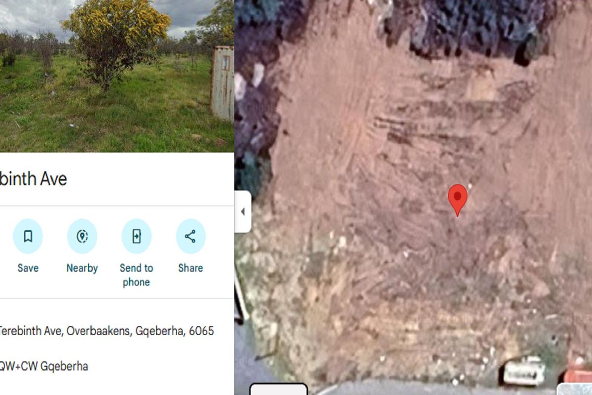 A composite image showing a ground-level view of a vacant residential plot and an aerial map view of the property location.