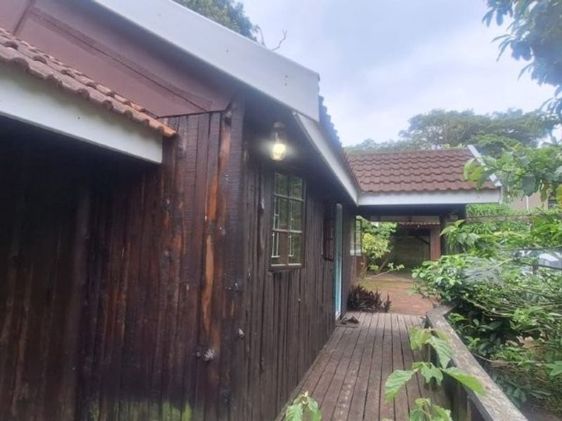 Rear exterior view of a timber-clad house featuring a wooden deck and tiled roof, surrounded by established garden foliage.