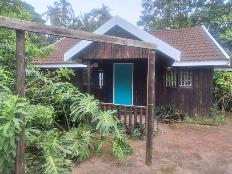 A charming timber-clad cottage featuring a tiled roof, a bright blue entrance door, and a paved driveway surrounded by lush, mature garden greenery.
