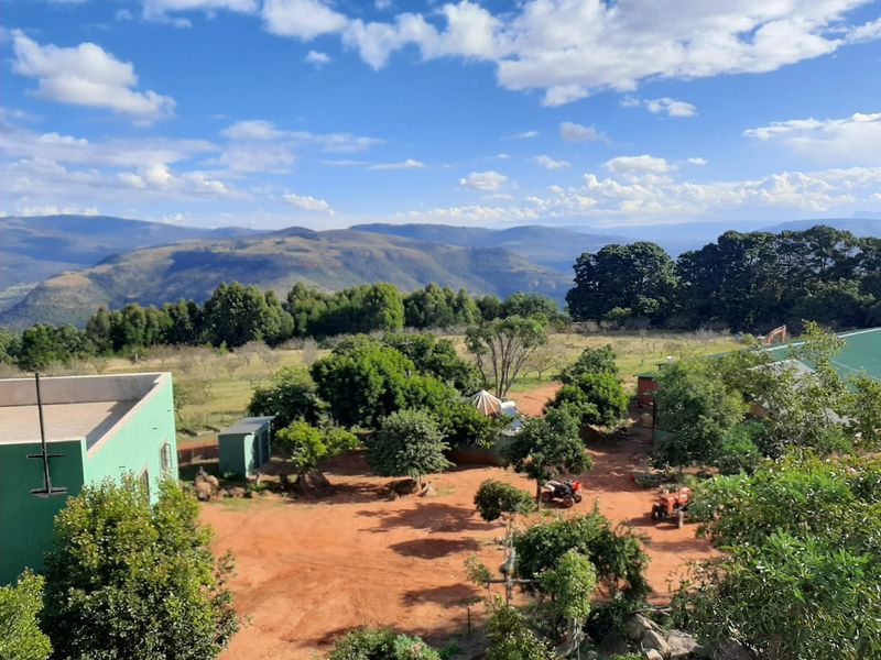 Elevated view overlooking a rural farm property with expansive mountain vistas and established greenery.