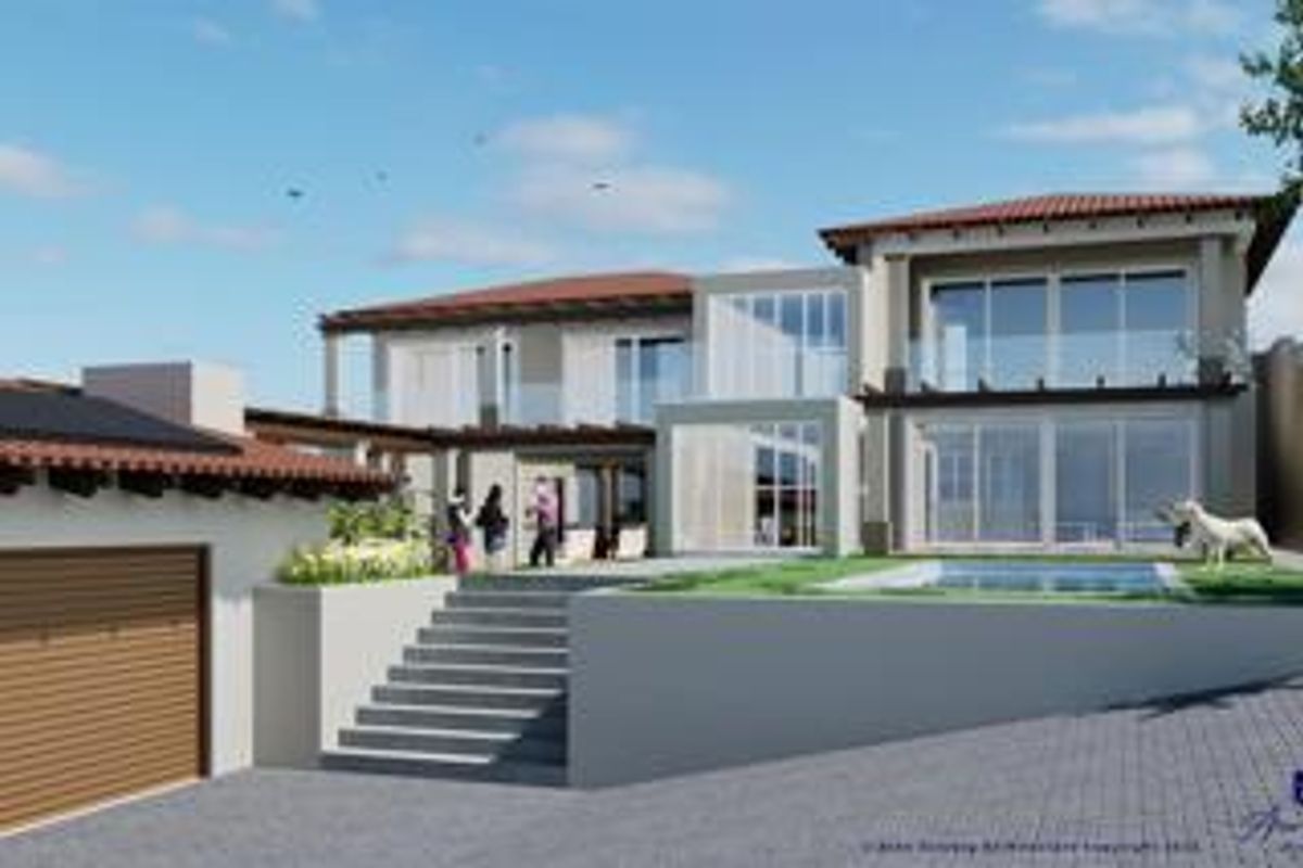 A modern architectural rendering of a multi-level residential property featuring a swimming pool, spacious terrace, and integrated garage.