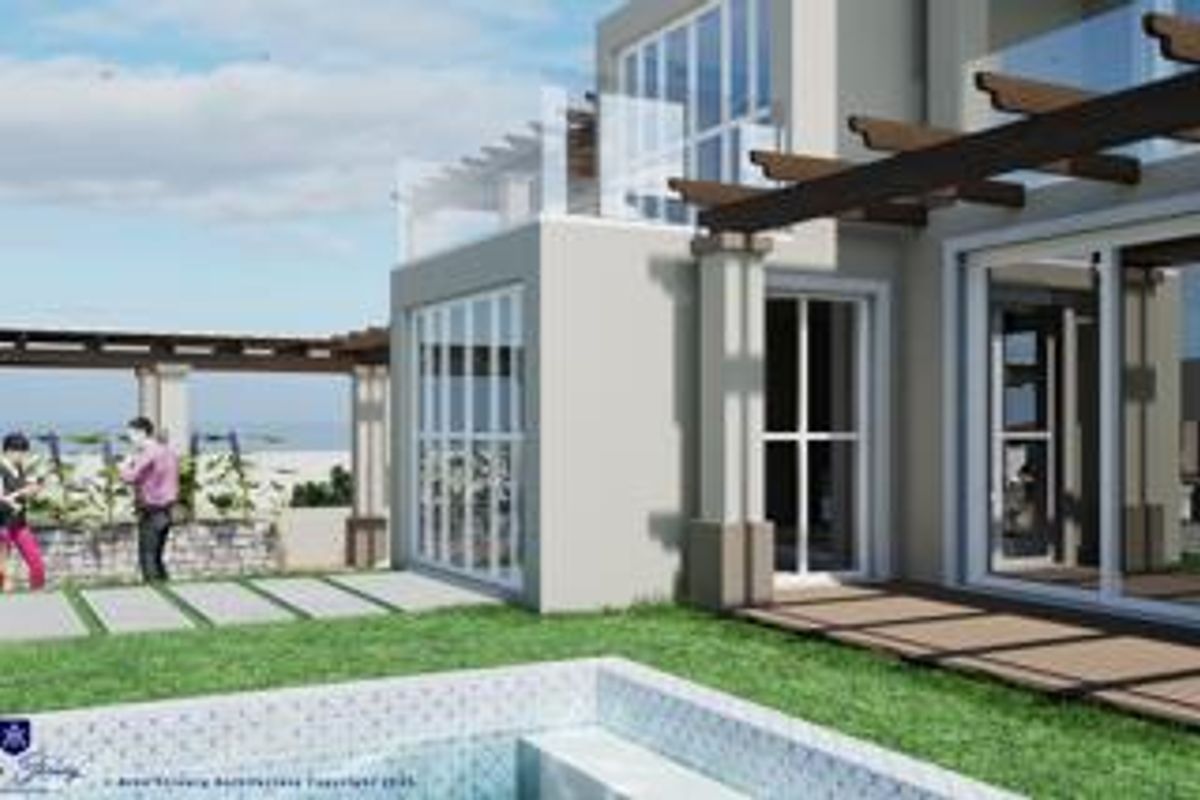 A modern architectural rendering of a rear exterior featuring a swimming pool, timber pergola, and glass-enclosed balcony overlooking the garden.