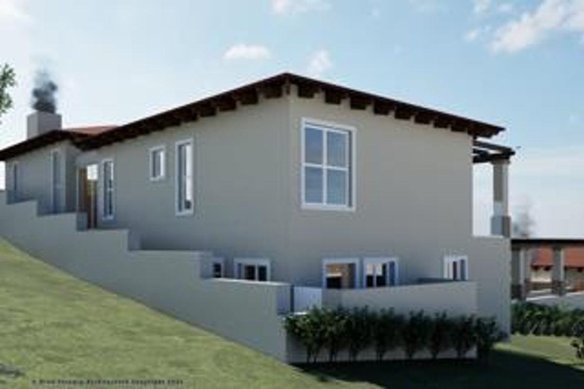 A 3D architectural rendering of a modern house exterior featuring a stepped retaining wall, terracotta roof tiles, and exposed timber rafters.