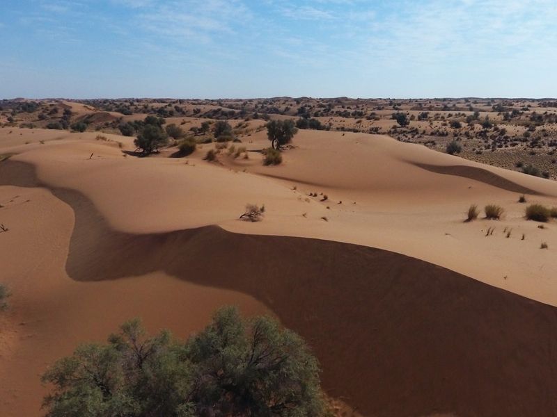 An aerial view of the expansive desert landscape and sand dunes characteristic of the farm property.