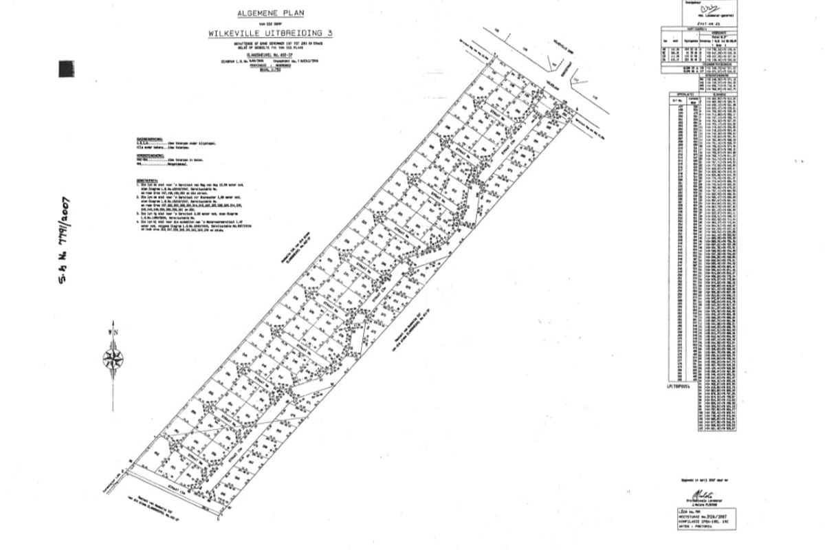 A formal general plan document detailing the layout and subdivision of Wilkeville Extension 3 residential land.