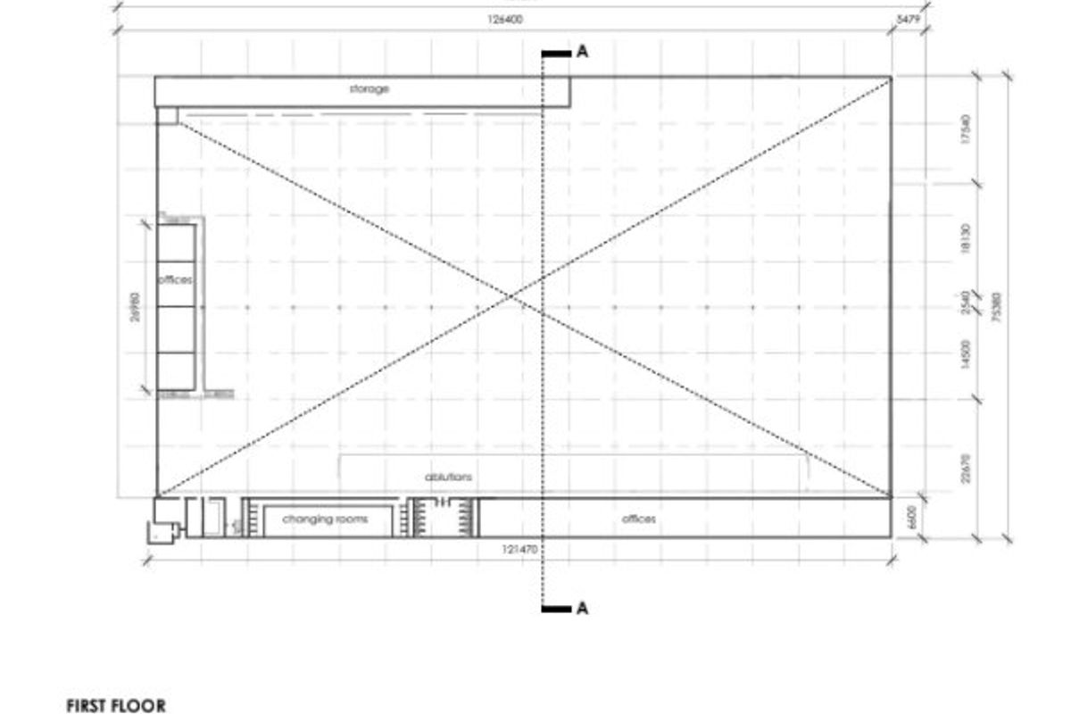 Architectural floor plan showing the layout of the first floor, including office spaces, storage, changing rooms, and ablution facilities.