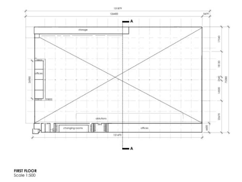 Architectural floor plan showing the layout of the first floor, including office spaces, storage, changing rooms, and ablution facilities.