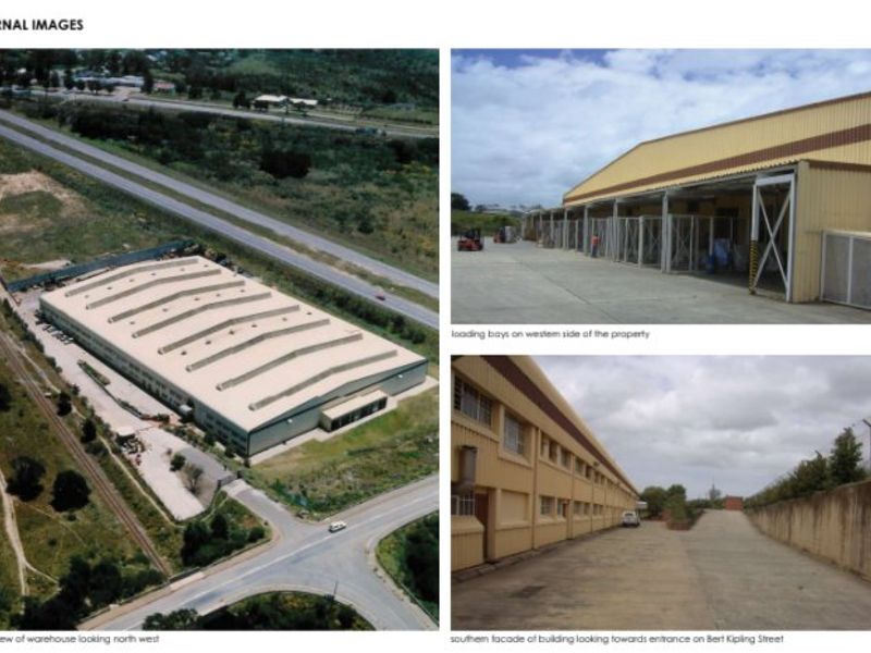Aerial and exterior views of a large industrial warehouse property featuring loading bays and paved access areas.
