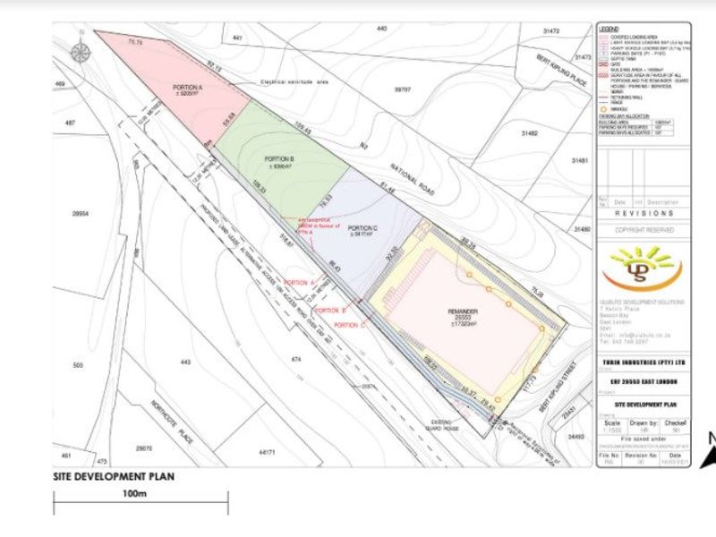 A detailed site development plan illustrating the subdivision and layout of the property, including access points and boundary dimensions.