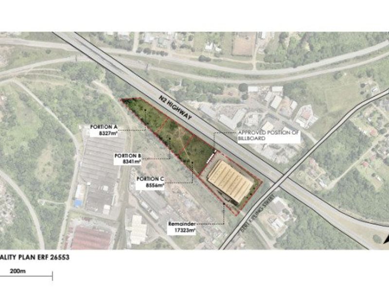 Locality plan showing the layout and subdivision of Erf 26553, including portions A, B, C, and the remainder relative to the N2 highway.