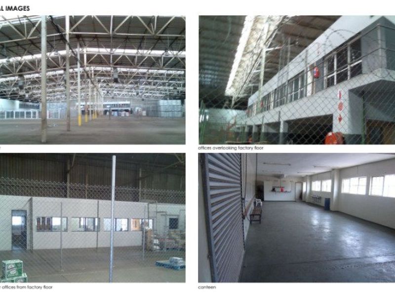 A multi-panel view of an industrial warehouse facility featuring a large factory floor, mezzanine offices, and a canteen area.