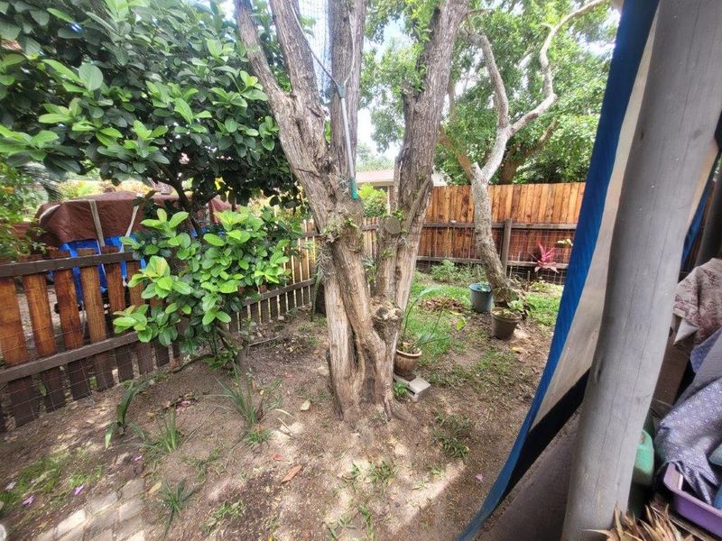 A private rear garden area featuring mature trees and a timber boundary fence, requiring landscaping and maintenance.