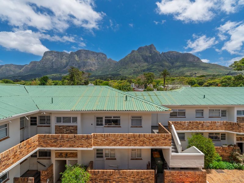 An elevated view of the apartment complex rear facade featuring face brick construction, green corrugated metal roofing, and a scenic mountain backdrop.
