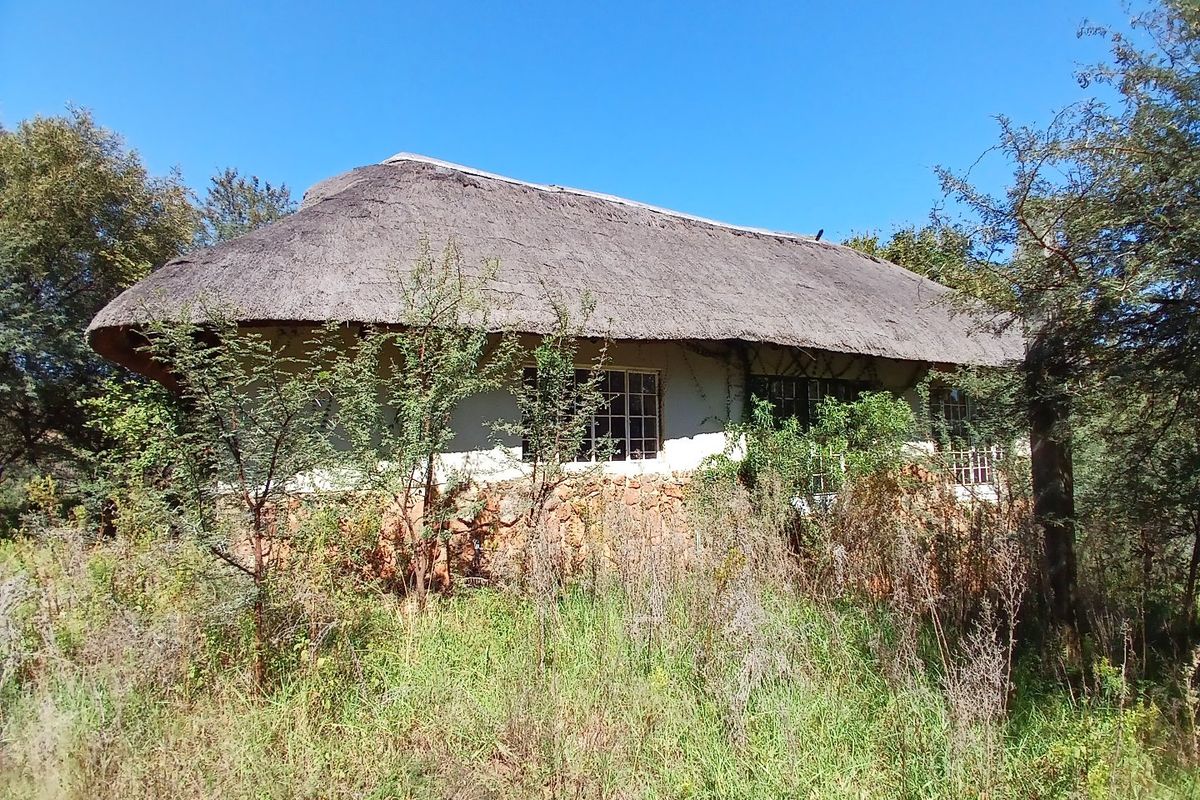 A rustic farm-style cottage featuring a traditional thatch roof, stone base cladding, and grid-pattern windows, set within an overgrown natural landscape.