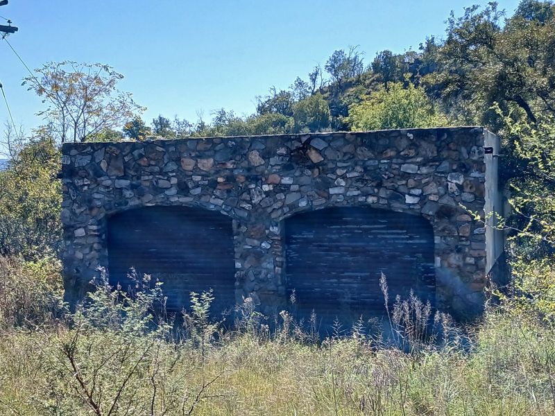 A rustic double garage featuring stone masonry construction, situated in a natural, overgrown farm setting.