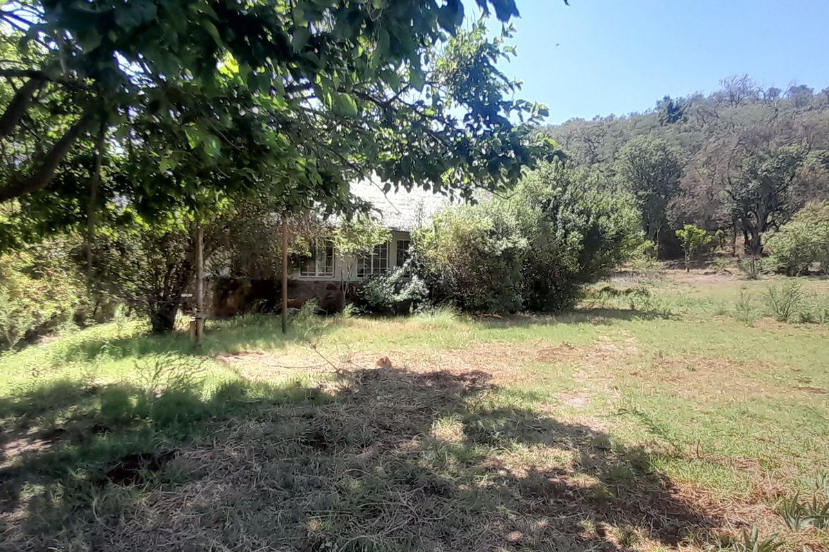 A view of the rear exterior of the farm property, featuring mature trees and an expansive, overgrown garden area.