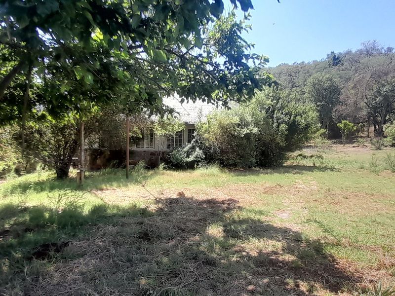 A view of the rear exterior of the farm property, featuring mature trees and an expansive, overgrown garden area.
