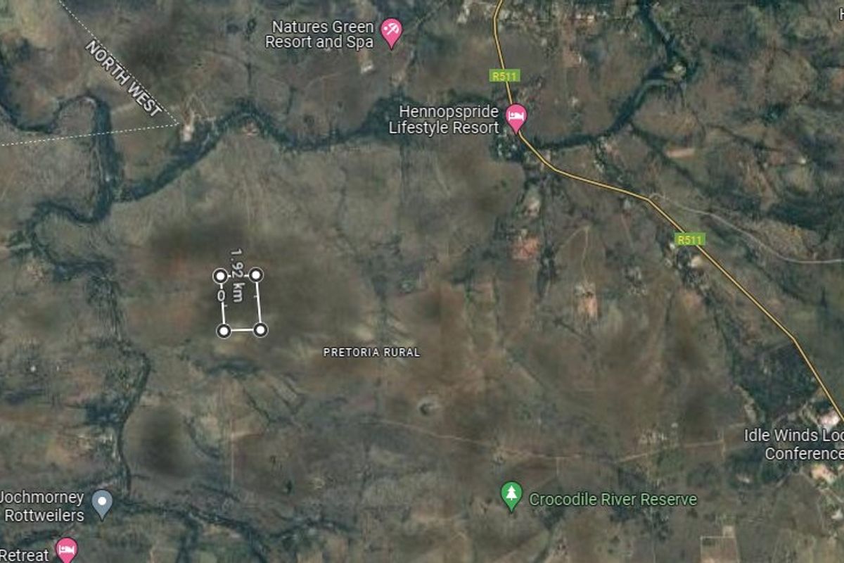 An aerial satellite view showing the rural landscape and location of the property in the Pretoria region.