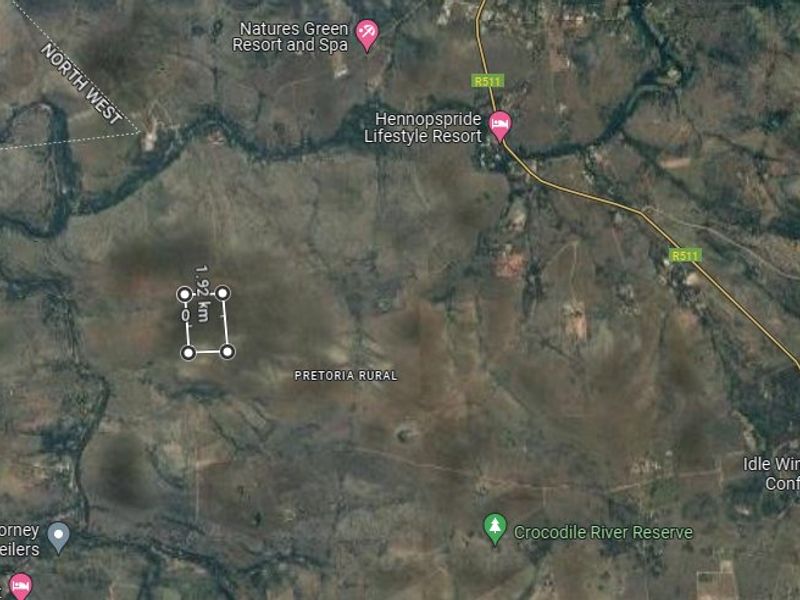 An aerial satellite view showing the rural landscape and location of the property in the Pretoria region.