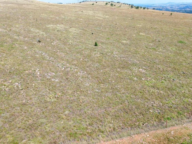 An aerial view of expansive, open grazing land on a farm, featuring natural terrain and perimeter wire fencing.