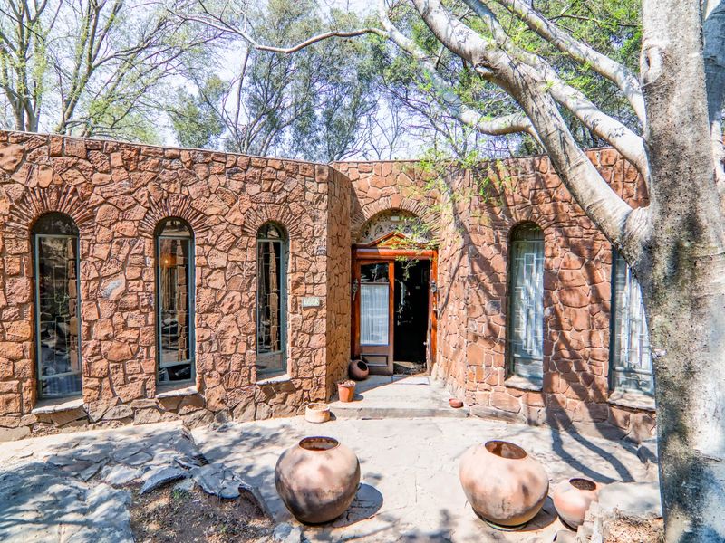 Front entrance of a rustic farm-style home featuring distinctive stone masonry, arched windows, and a natural stone paved courtyard area.