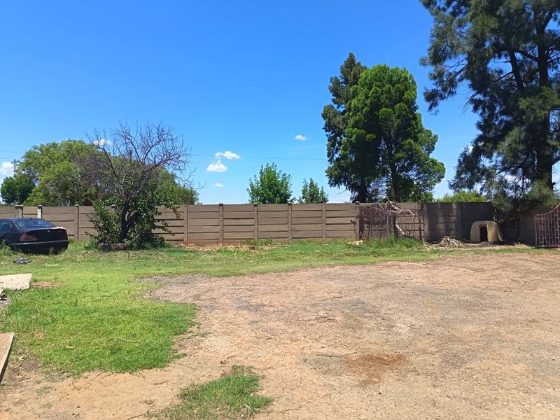 A spacious rear yard area featuring a precast concrete boundary wall and established trees on a large farm property.