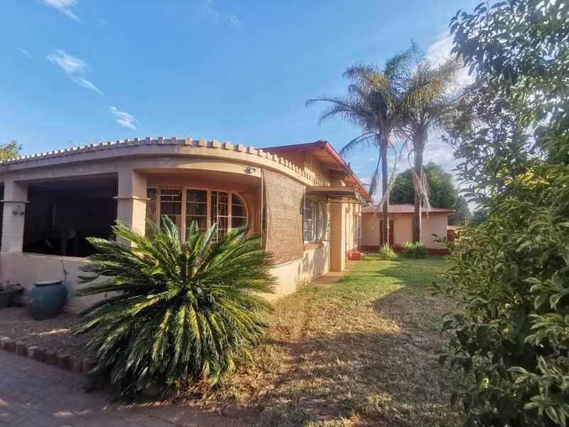 Rear view of the house featuring a covered patio area, established garden, and traditional brick construction with steel-framed windows.