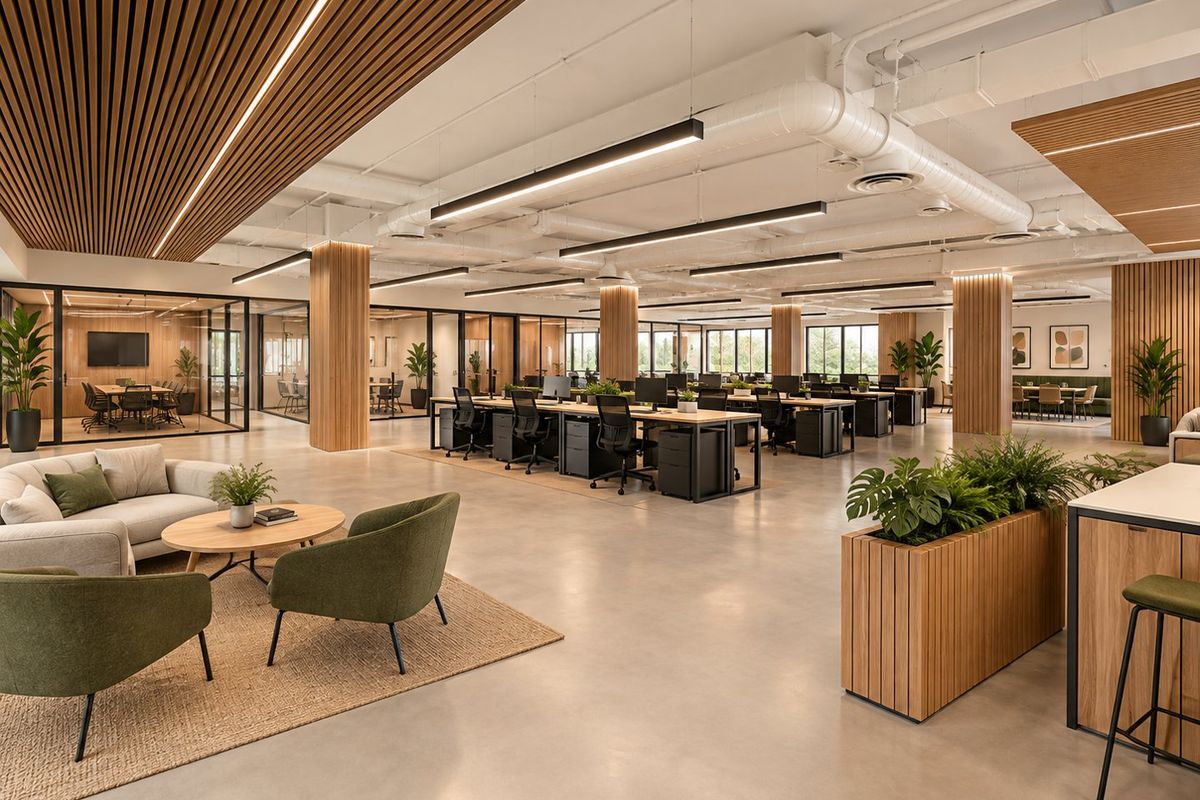 Modern open-plan commercial office space featuring polished concrete floors, slatted timber ceilings, exposed industrial ductwork, and glass-enclosed meeting rooms.