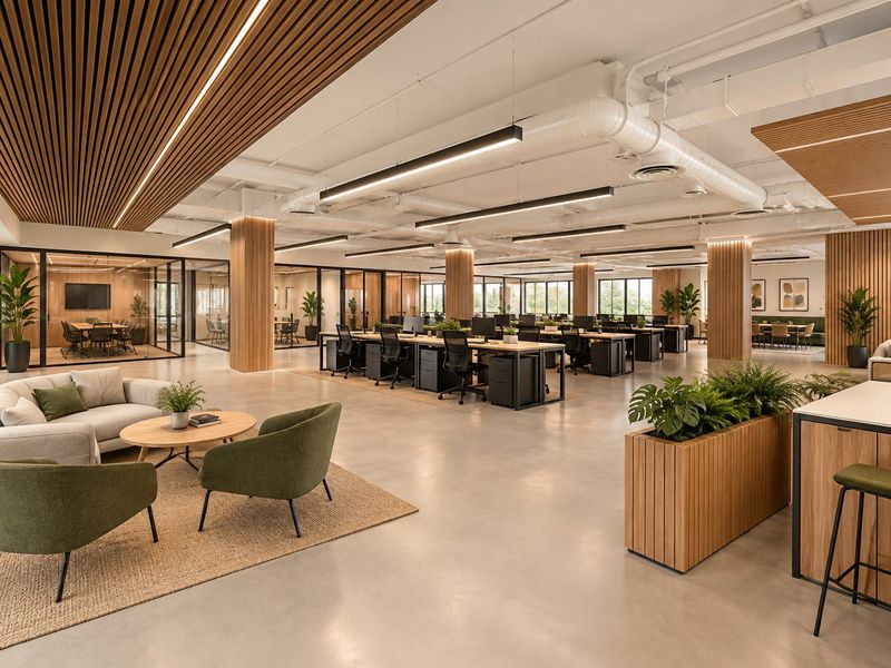 Modern open-plan commercial office space featuring polished concrete floors, slatted timber ceilings, exposed industrial ductwork, and glass-enclosed meeting rooms.