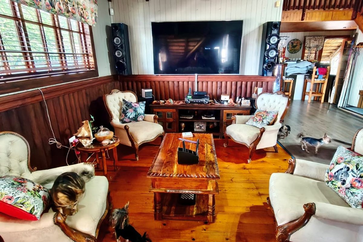 A cozy living room featuring warm timber wall paneling, polished timber flooring, and a staircase leading to an upper level.