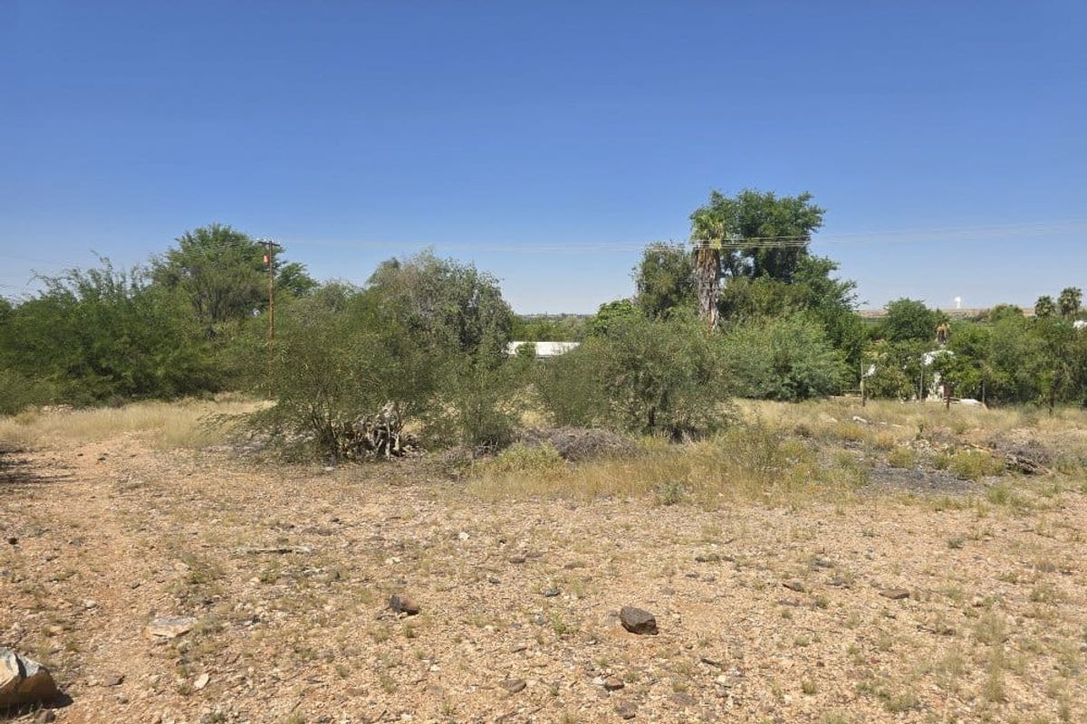 A view of a vacant residential plot featuring natural desert landscaping, native shrubs, and an existing utility pole.