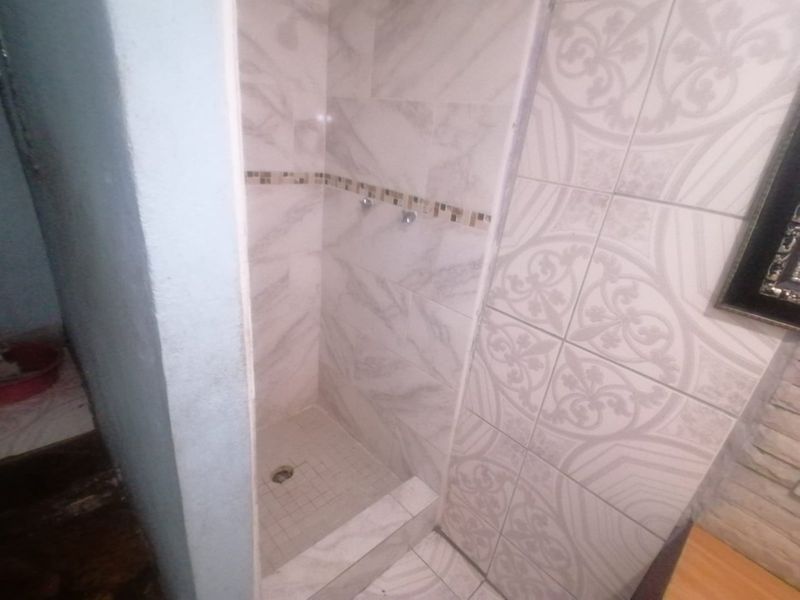 A small walk-in shower area featuring decorative wall tiling and floor tiles, currently lacking shower head and faucet fixtures.