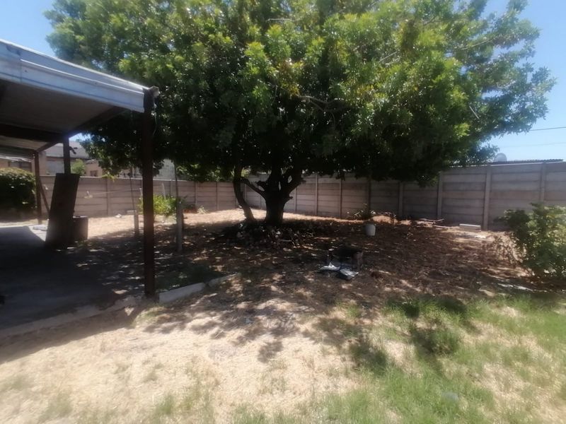 A rear garden area featuring a covered patio, a large mature tree, and a precast concrete boundary wall.