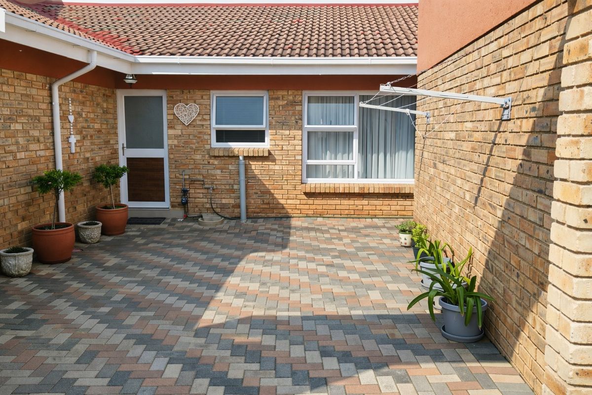 A well-maintained rear courtyard featuring durable brick paving, face brick walls, and a functional wall-mounted clothesline.