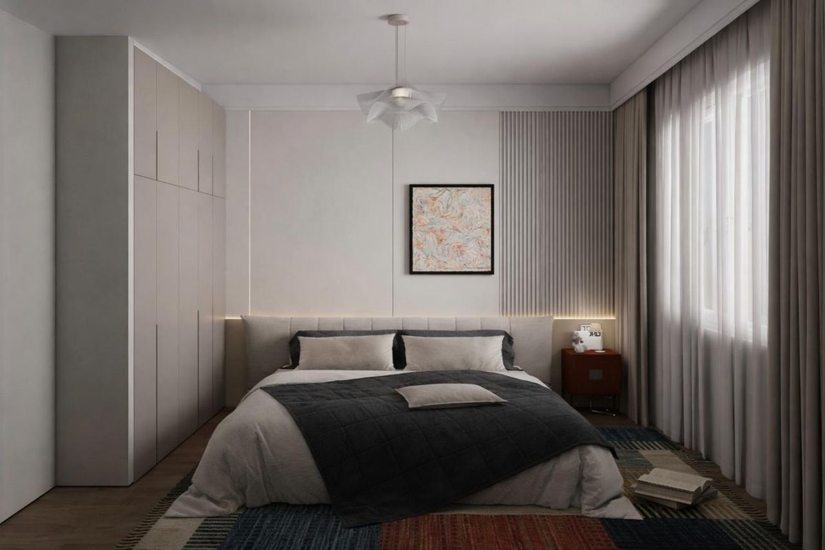 A modern, well-appointed bedroom featuring custom built-in wardrobes, textured wall paneling with integrated accent lighting, and a contemporary pendant light fixture.
