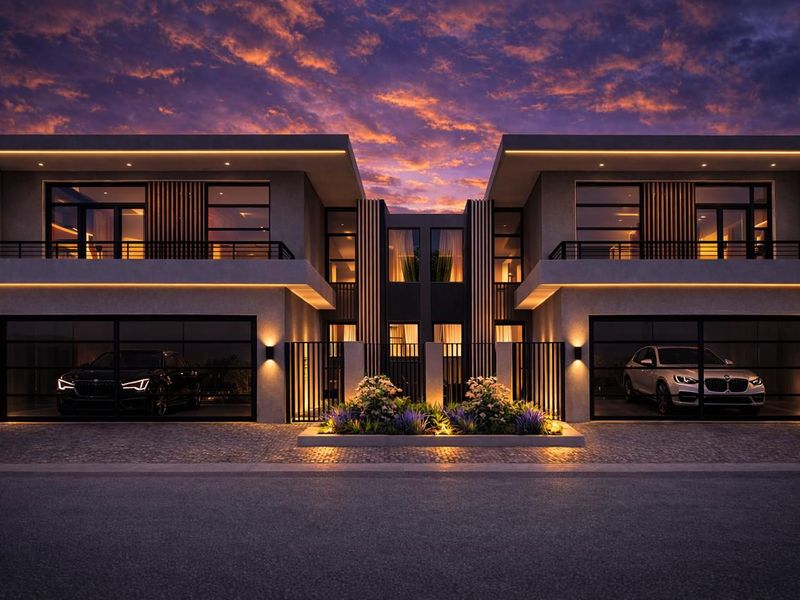 Modern contemporary double-story residential facade featuring integrated garage doors, balcony access, and sophisticated architectural lighting at dusk.