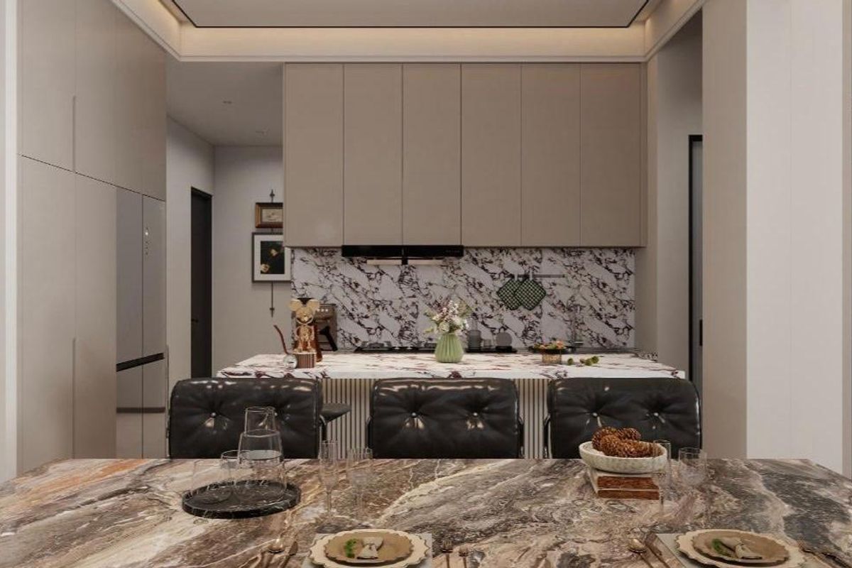 Modern kitchen featuring a marble island, matching marble backsplash, sleek built-in cabinetry, and integrated display shelving with recessed lighting.