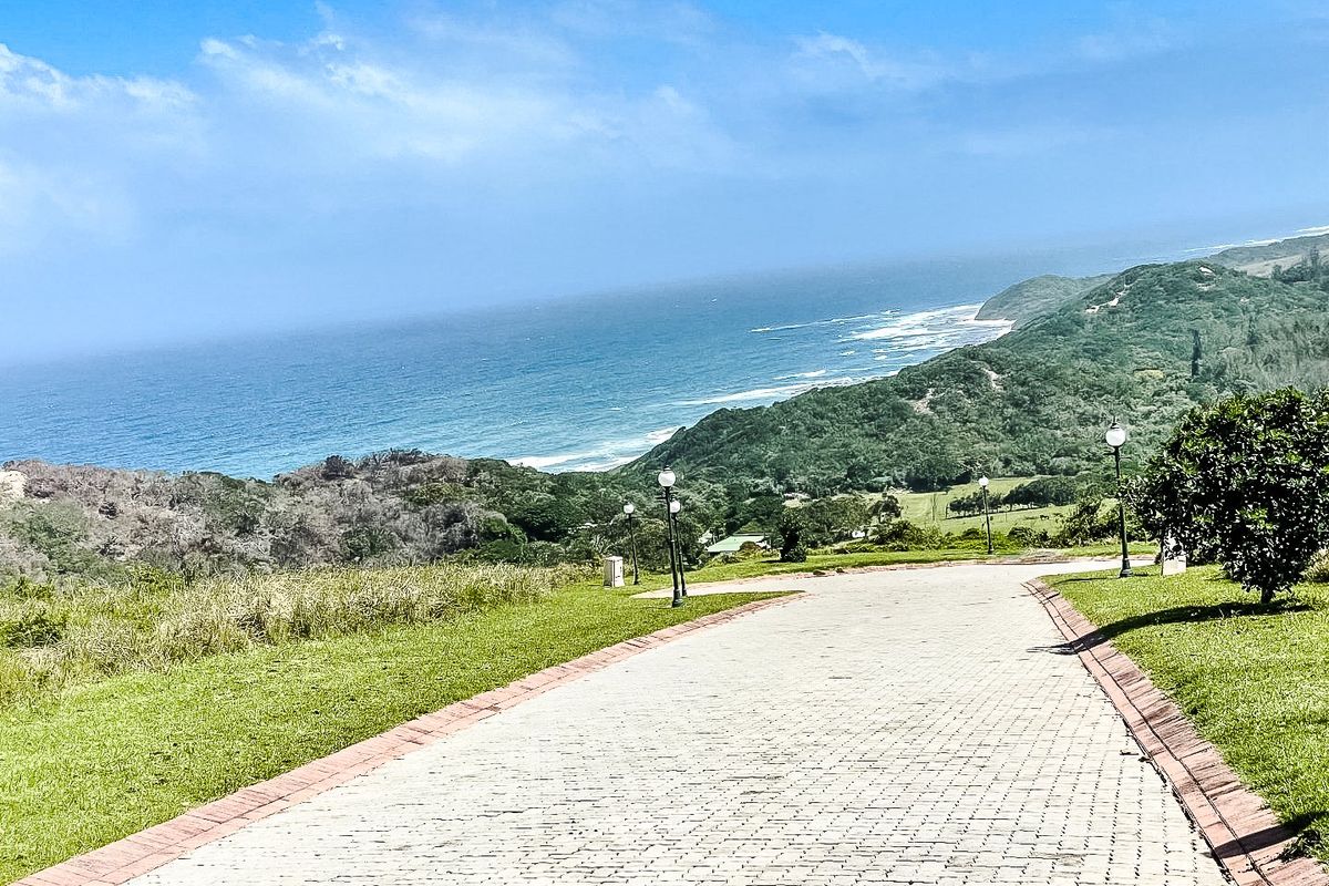 A scenic view overlooking the coastline and ocean, featuring a paved driveway leading down through the landscaped property grounds.