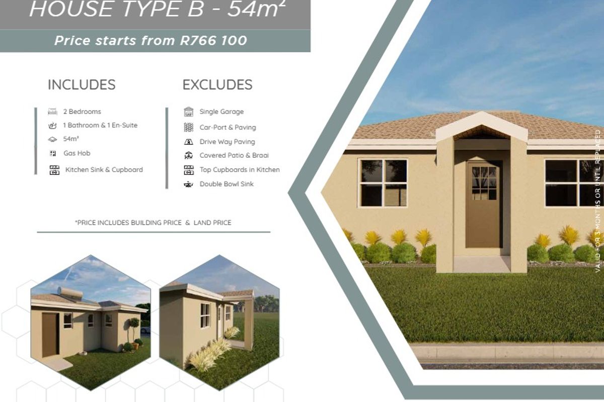 A promotional marketing flyer for a 54 square meter house type, featuring an artist impression of the front elevation and property specifications.