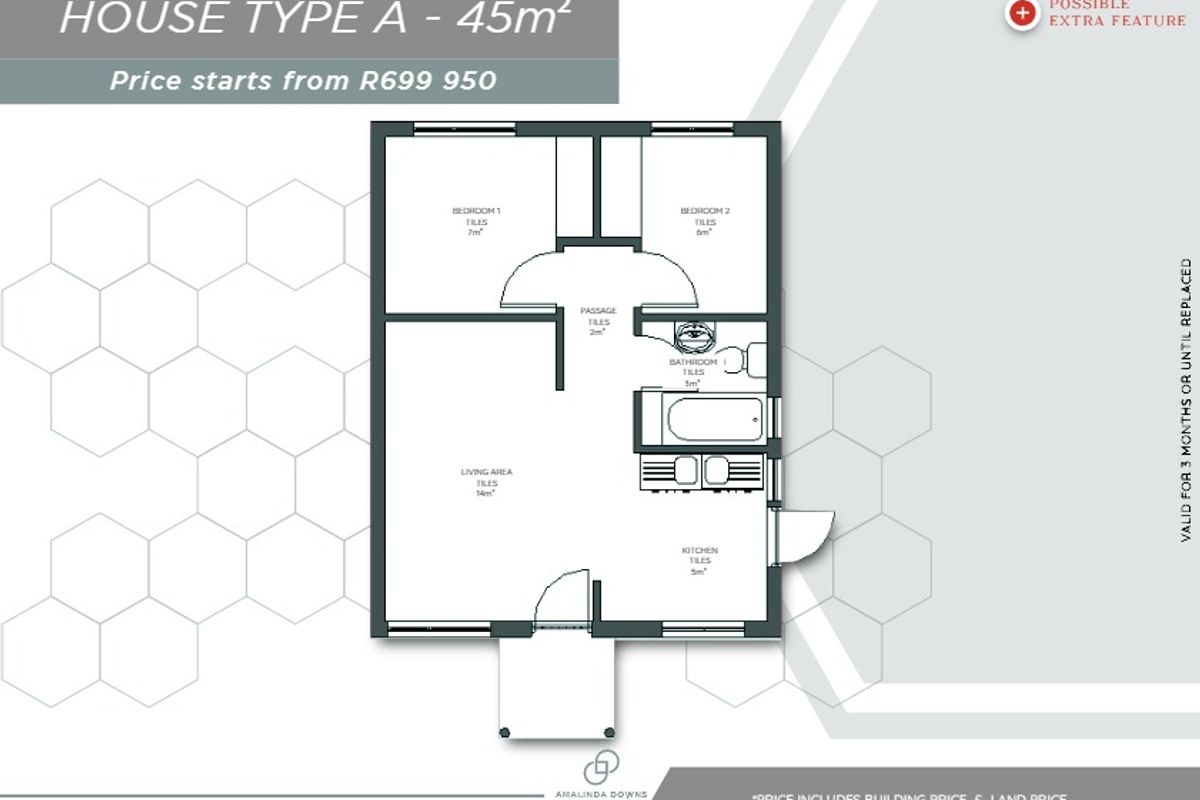 A floor plan for a 45 square meter House Type A, featuring two bedrooms, a bathroom, a living area, and a kitchen.