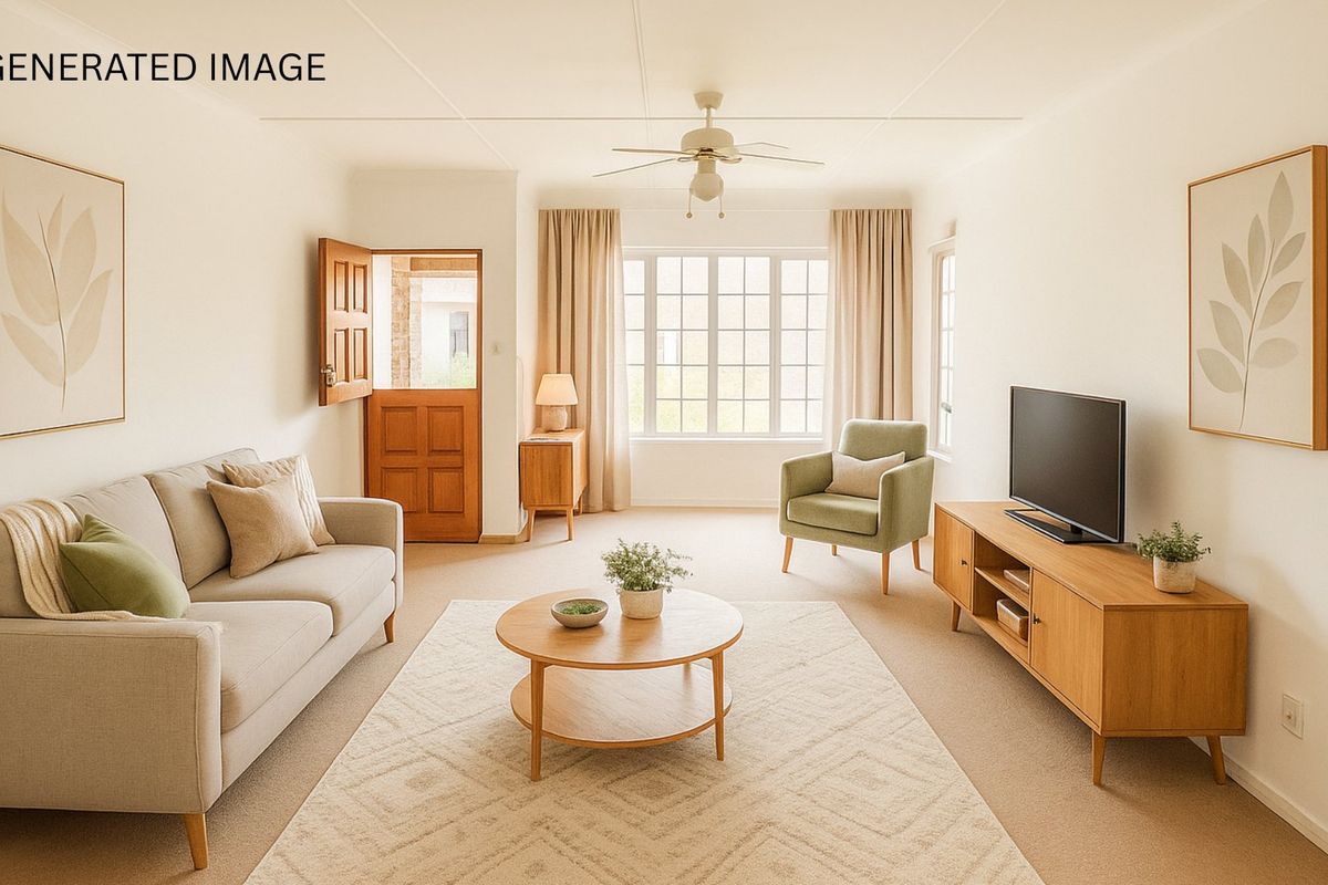 A bright and airy living room featuring a ceiling fan, large multi-pane windows, and a classic timber entrance door.