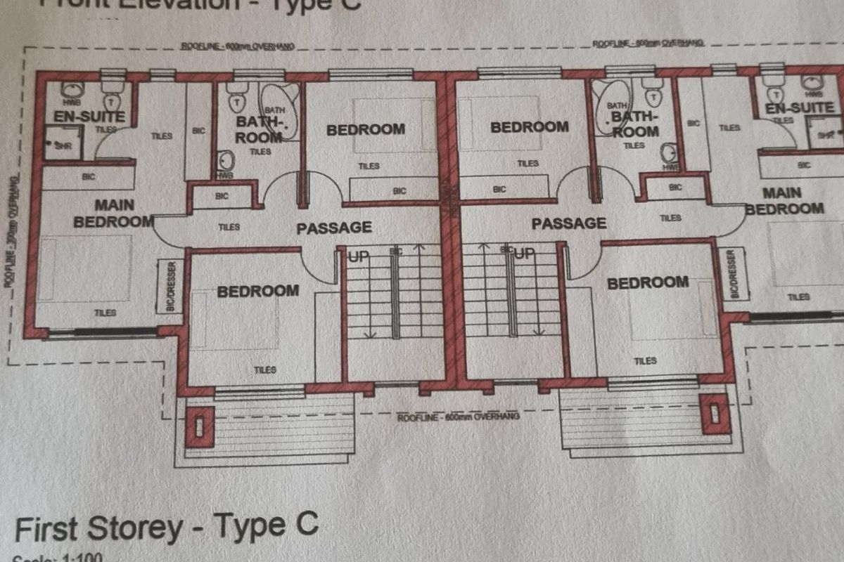 Architectural floor plan showing the first storey layout for Type C townhouse units, including bedrooms, en-suite bathrooms, and passage areas.
