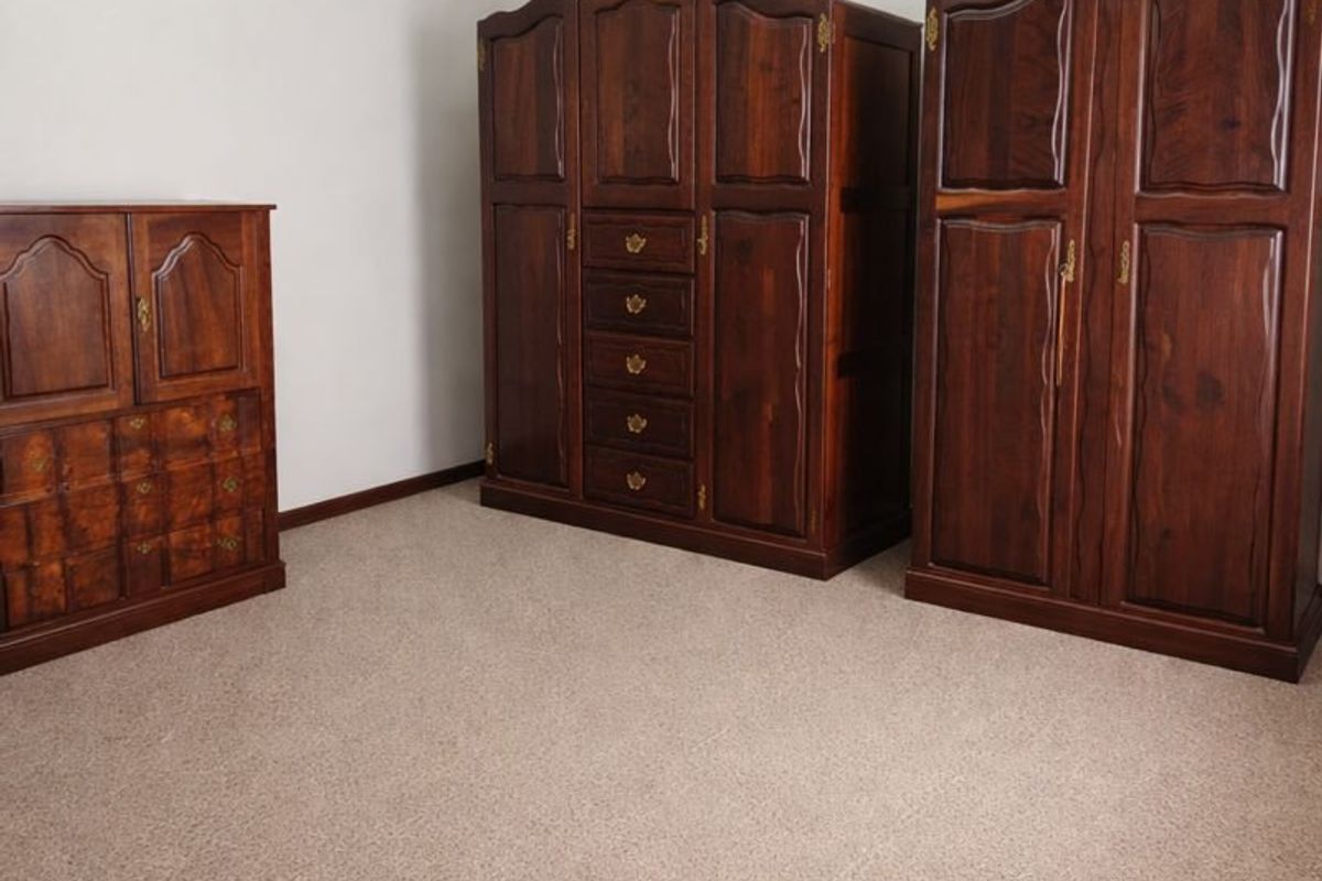 A bedroom featuring neutral wall tones, carpeted flooring, and coved ceiling detailing, providing a clean and functional space.