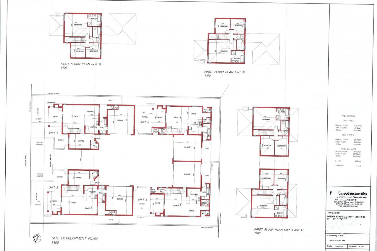 Architectural site development and first floor plans for a residential development featuring four units with garages, patios, and garden areas.