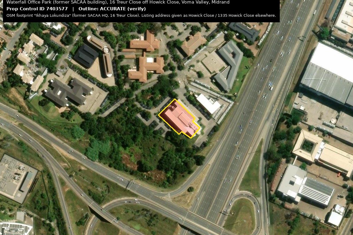Aerial view of the Waterfall Office Park property, highlighting the building footprint, surrounding parking facilities, and access infrastructure within the commercial precinct.