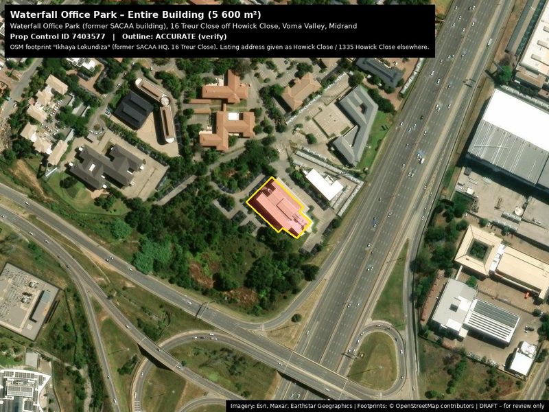 Aerial view of the Waterfall Office Park property, highlighting the building footprint, surrounding parking facilities, and access infrastructure within the commercial precinct.