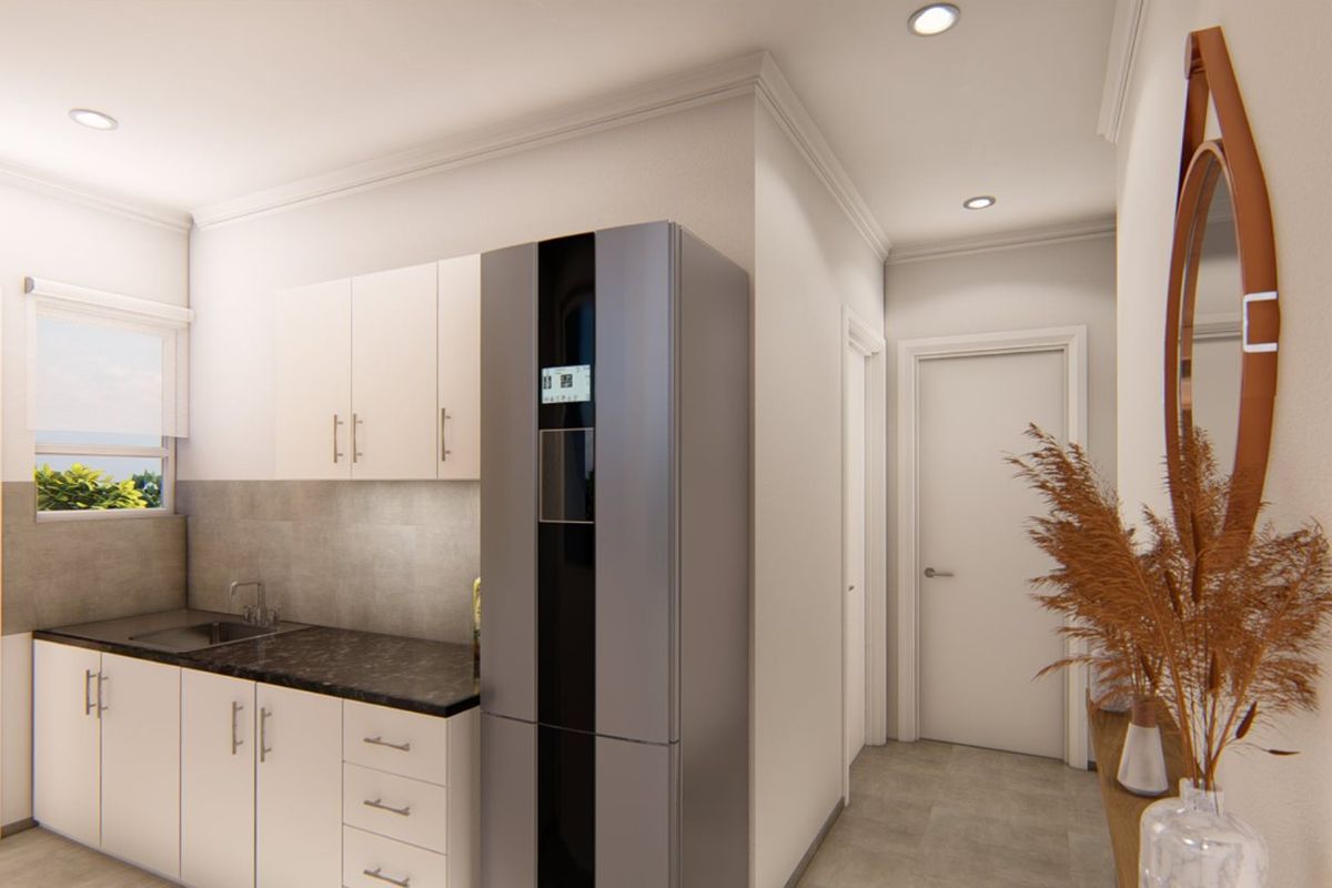 A modern, well-lit kitchen featuring sleek white cabinetry, dark stone countertops, a stainless steel sink, and a tiled splashback.